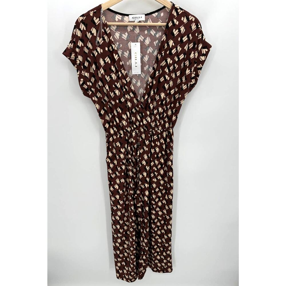 Gilli Brown Abstract Print Wide Leg Jumpsuit Womens Size S Boho Casual